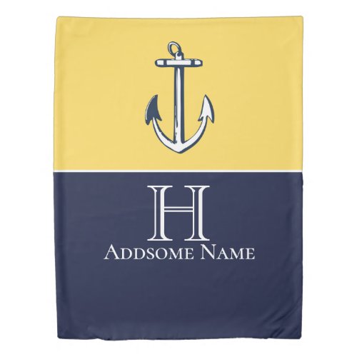 Nautical Navy Blue Mustard Yellow Anchor Monogram Duvet Cover