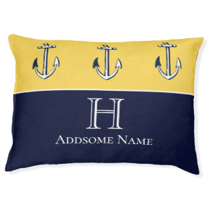 Nautical Navy Blue Mustard Yellow Anchor Monogram Pet Bed
