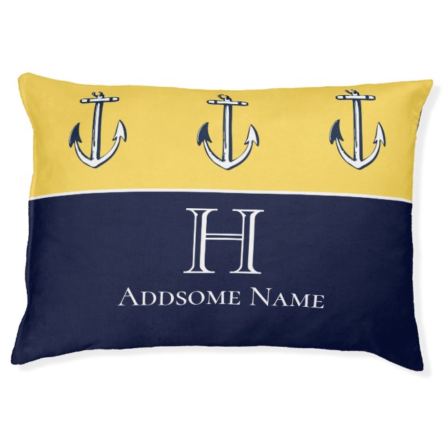 Nautical Navy Blue Mustard Yellow Anchor Monogram Pet Bed (Front)