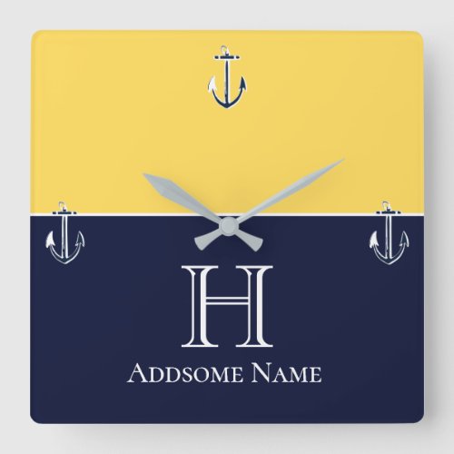 Nautical Navy Blue Mustard Yellow Anchor Monogram Square Wall Clock