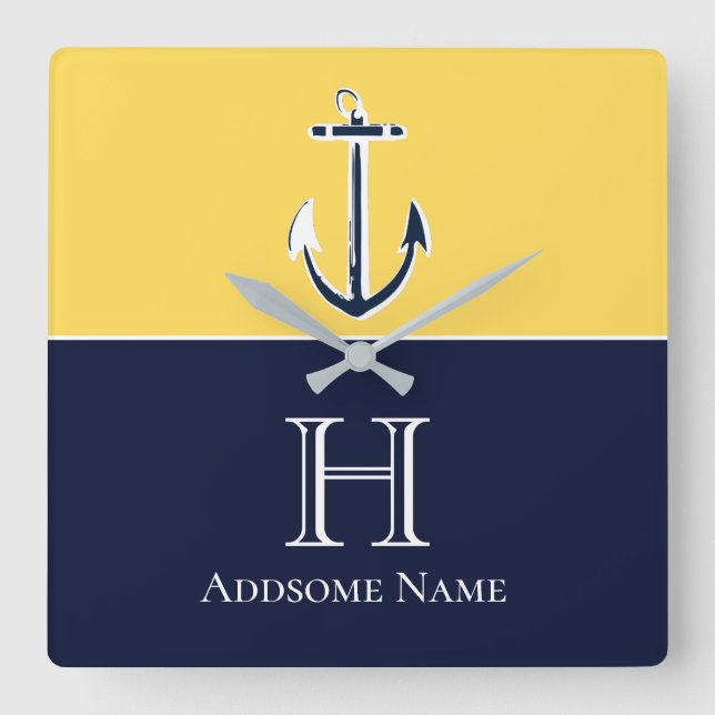 Nautical Navy Blue Mustard Yellow Anchor Monogram Square Wall Clock (Front)