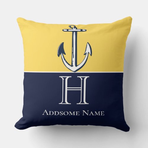 Nautical Navy Blue Mustard Yellow Anchor Monogram Throw Pillow