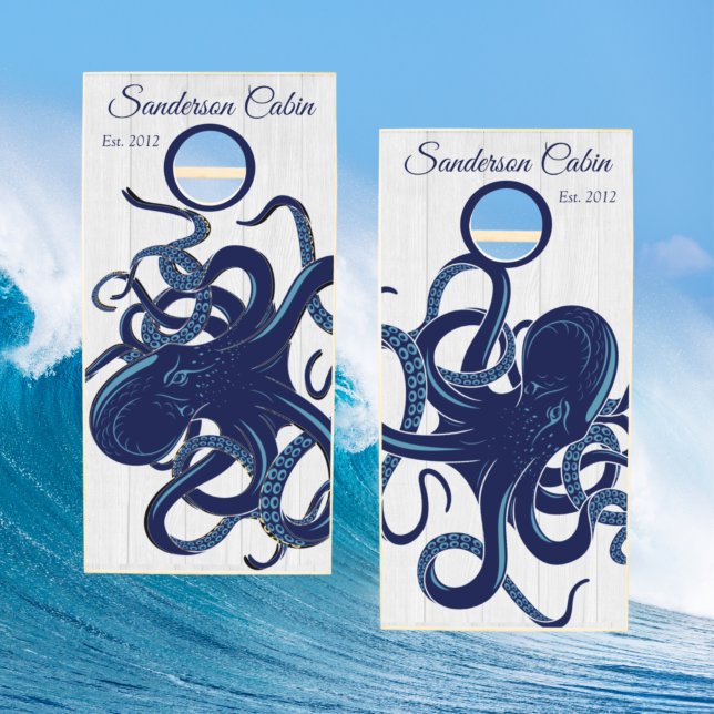 Nautical Navy Blue Octopus Coastal White Wood  Cornhole Set (Creator Uploaded)
