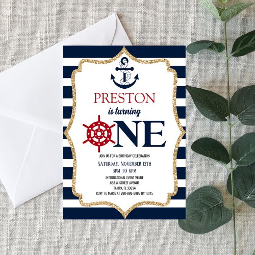 Nautical Navy Blue One 1st First Birthday Party Invitation