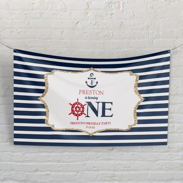 Nautical Navy Blue ONE First 1st Birthday Party Banner (Creator Uploaded)