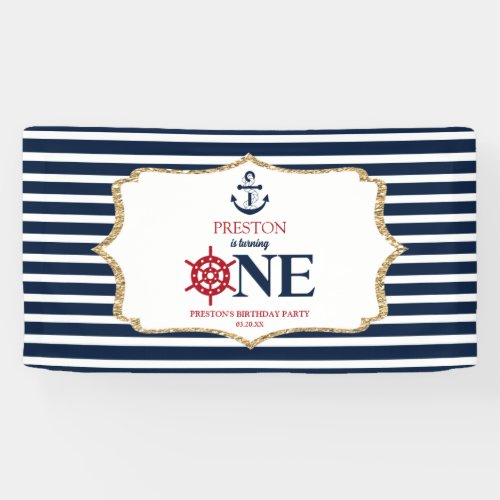 Nautical Navy Blue ONE First 1st Birthday Party Banner