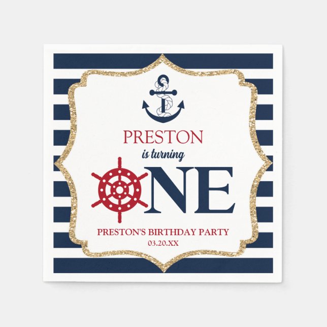 Nautical Navy Blue ONE First 1st Birthday Party Napkins (Front)
