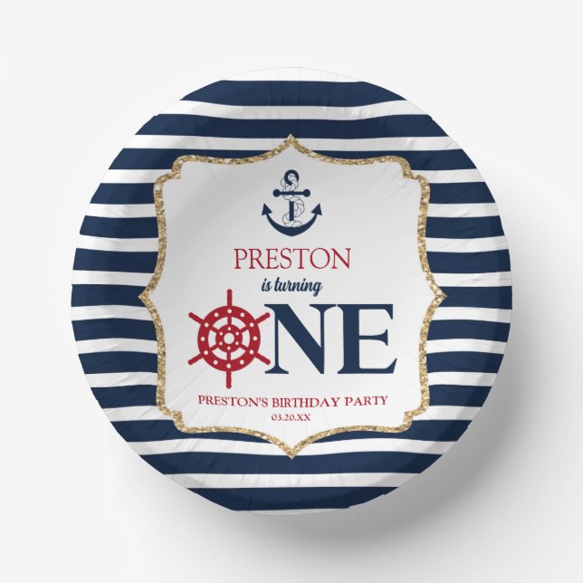 Nautical Navy Blue ONE First 1st Birthday Party Paper Bowls (Front)
