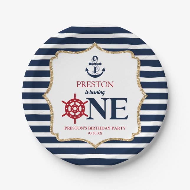 Nautical Navy Blue ONE First 1st Birthday Party Paper Plates (Front)