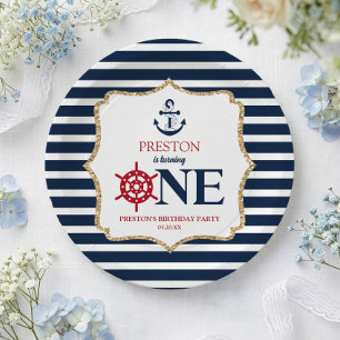 Nautical Navy Blue ONE First 1st Birthday Party Paper Plates