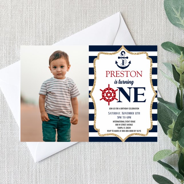 Nautical Navy Blue One Picture 1st First Birthday Invitation