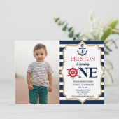 Nautical Navy Blue One Picture 1st First Birthday Invitation (Standing Front)