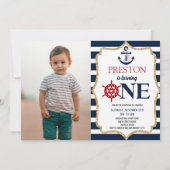 Nautical Navy Blue One Picture 1st First Birthday Invitation (Front)