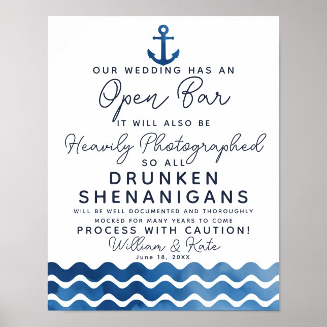 Nautical Navy blue Open bar Sign (Front)