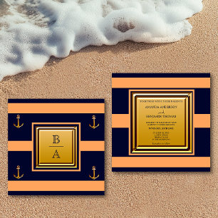 Nautical Navy Blue Orange Stripes Anchor Wedding I Invitation
