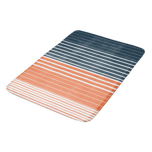 Nautical Navy Blue Orange Stripes Bath Mat