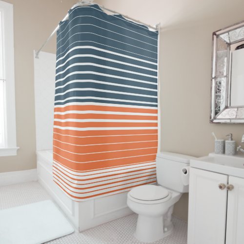 Nautical Navy Blue Orange Stripes  Shower Curtain