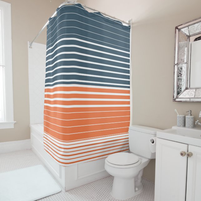Nautical Navy Blue Orange Stripes  Shower Curtain (In Situ)
