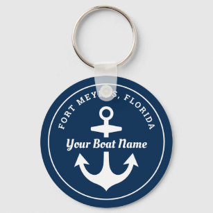 Nautical Navy Blue Personalized Boat Name Anchor Keychain