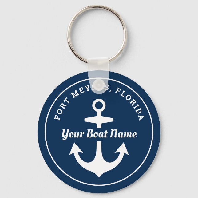 Nautical Navy Blue Personalized Boat Name Anchor Keychain (Front)
