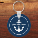 Nautical Navy Blue Personalized Boat Name Anchor Keychain<br><div class="desc">Round nautical keychain design features a simple,  stylish navy blue and white coastal style design with boat anchor accent. Personalize the custom script text with the name of your boat.</div>