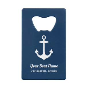 Nautical Navy Blue Personalized Boat Name Credit Card Bottle Opener