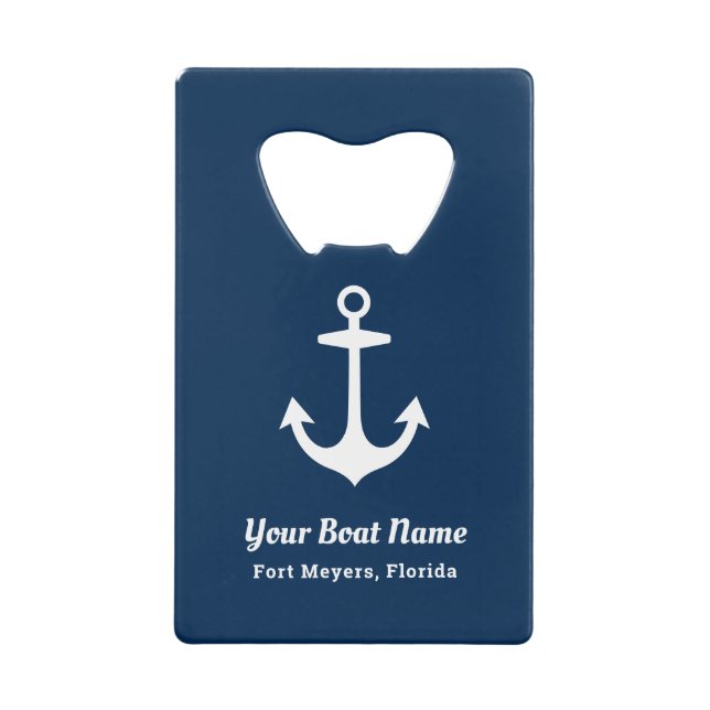 Nautical Navy Blue Personalized Boat Name Credit Card Bottle Opener (Front)