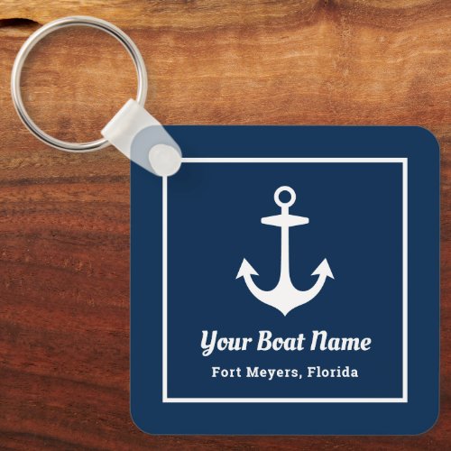 Nautical Navy Blue Personalized Boat Name Keychain