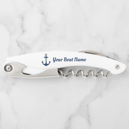 Nautical Navy Blue Personalized Boat Name Waiters Corkscrew