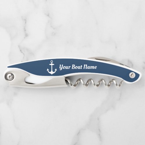 Nautical Navy Blue Personalized Boat Name Waiters Corkscrew