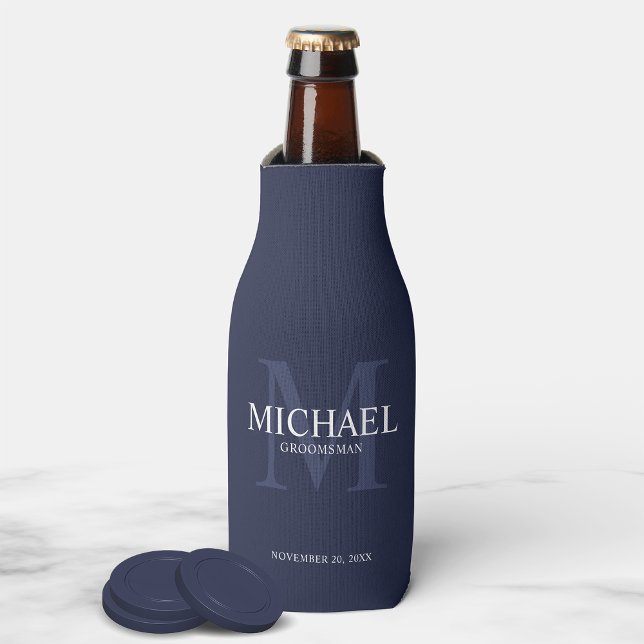 Nautical Navy Blue Personalized Groomsmen Bottle Cooler (Creator Uploaded)