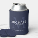 Nautical Navy Blue Personalized Groomsmen Can Cooler<br><div class="desc">Add a personal touch to your wedding with personalized groomsmen can cooler. This can cooler features personalized groomsman's name with title and wedding date in white and monogram in light navy blue as background, in classic serif font style, on navy blue background. Also perfect for best man, father of the...</div>