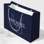 Nautical Navy Blue Personalized Groomsmen Large Gift Bag<br><div class="desc">Add a personal touch to your wedding with personalized groomsmen gift bag. This gift bag features personalized groomsman's name with title and wedding date in white and monogram in light navy blue as background, in classic serif font style, on navy blue background. Also perfect for best man, father of the...</div>