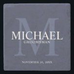 Nautical Navy Blue Personalized Groomsmen Stone Coaster<br><div class="desc">Add a personal touch to your wedding with personalized groomsmen stone coaster. This coaster features personalized groomsman's name with title and wedding date in white and monogram in light navy blue as background, in classic serif font style, on navy blue background. Also perfect for best man, father of the bride,...</div>