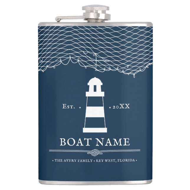 Nautical Navy Blue Personalized lighthouse Boat Flask (Front)