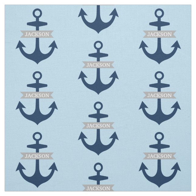 Nautical Navy Blue Personalized Name Boat Anchors Fabric (Swatch)