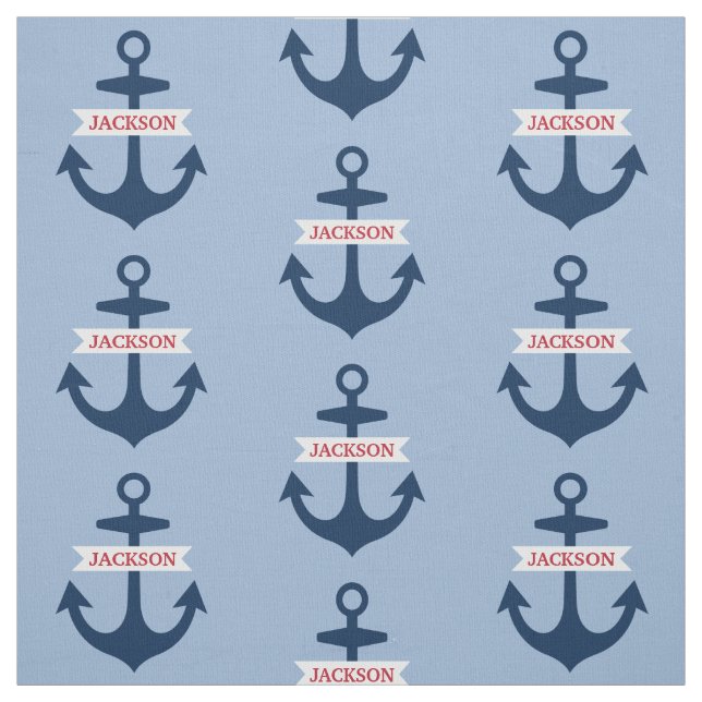 Nautical Navy Blue Personalized Name Boat Anchors Fabric (Swatch)