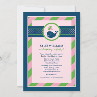 Nautical Navy Blue Pink Whale Girl Baby Shower Invitation