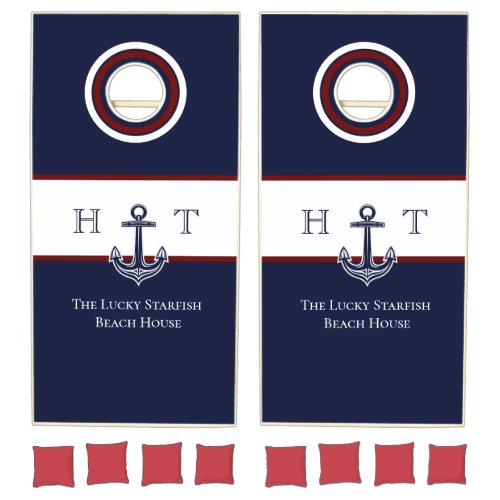 Nautical Navy Blue Red Anchor Coastal Monogram Cornhole Set