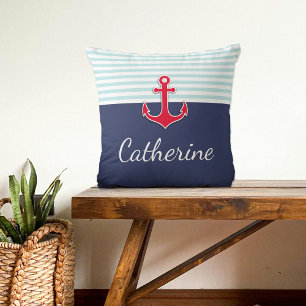 Nautical Navy Blue Red Anchor Custom Design Throw Pillow