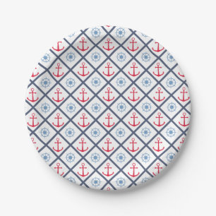 Nautical Navy Blue Red Anchor Ship Wheel Party Paper Plates