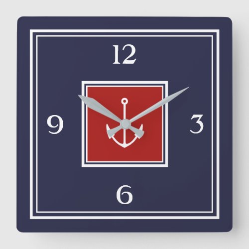 Nautical Navy Blue Red Anchor Square Wall Clock