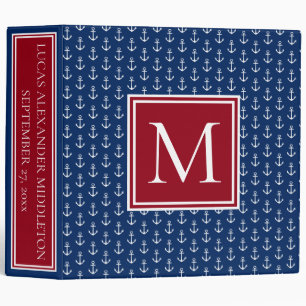 Nautical Navy Blue Red and White Anchor Monogram 3 Ring Binder