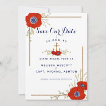 Nautical Navy Blue &amp; Red Anemone Anchor Wedding Save The Date