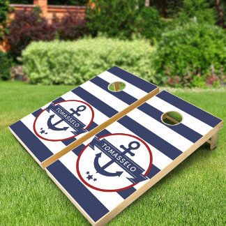Nautical Navy Blue Red Family Cornhole Set