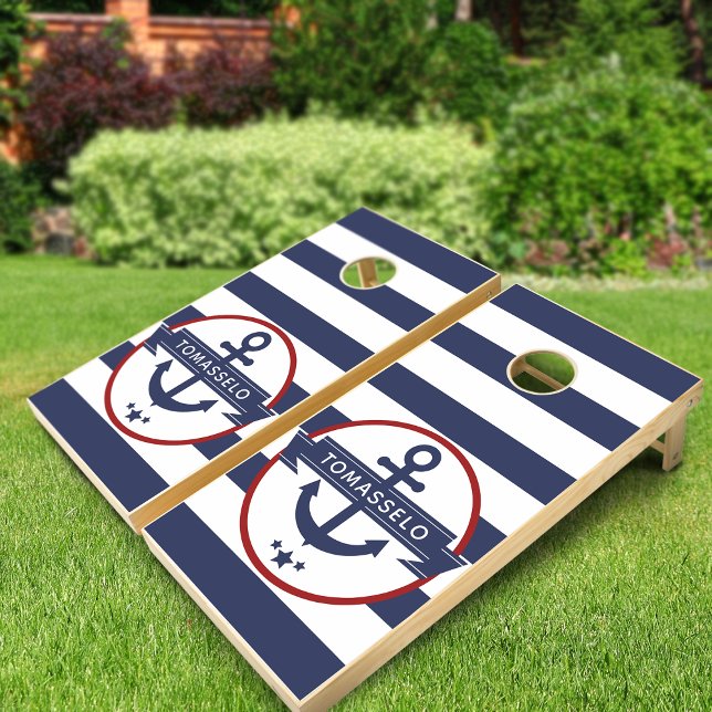 Nautical Navy Blue Red Family Cornhole Set (Nautical Navy Blue Red Family Cornhole Set)