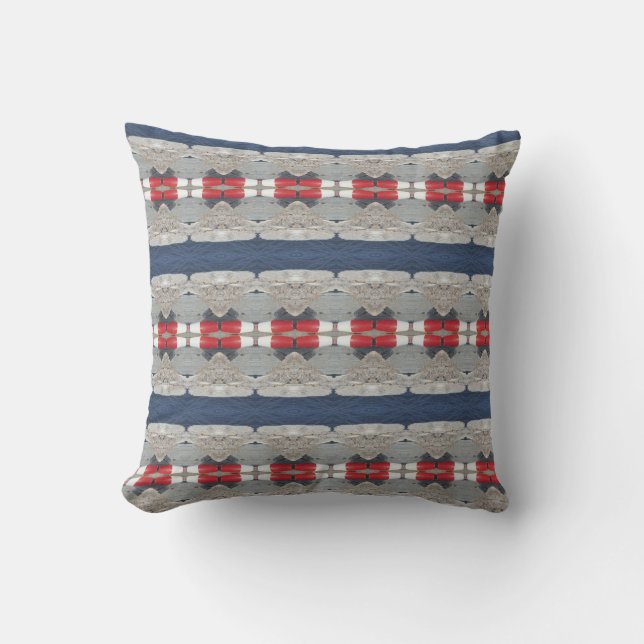 Nautical Navy Blue Red  Gray Stripes Lake|Ocean  Outdoor Pillow (Front)