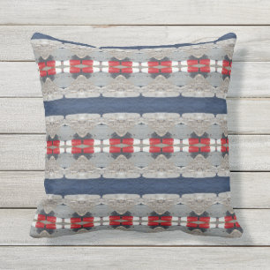 Nautical Navy Blue Red Gray Stripes Lake Ocean Outdoor Pillow