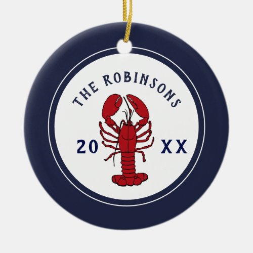 Nautical Navy Blue Red Lobster Family Custom Ceramic Ornament
