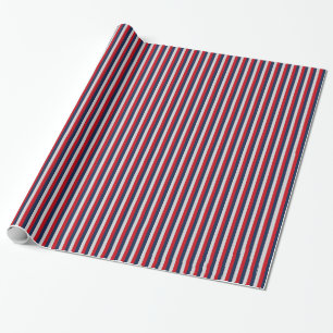 Nautical Navy Blue, Red, Silver Vertical Stripe Wrapping Paper